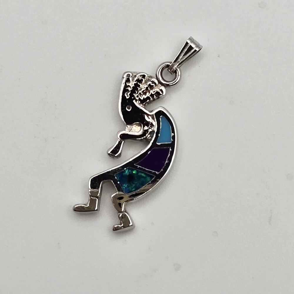 Kokopelli Inlay Necklace Pendant Silver Native American Prosperity Southwestern